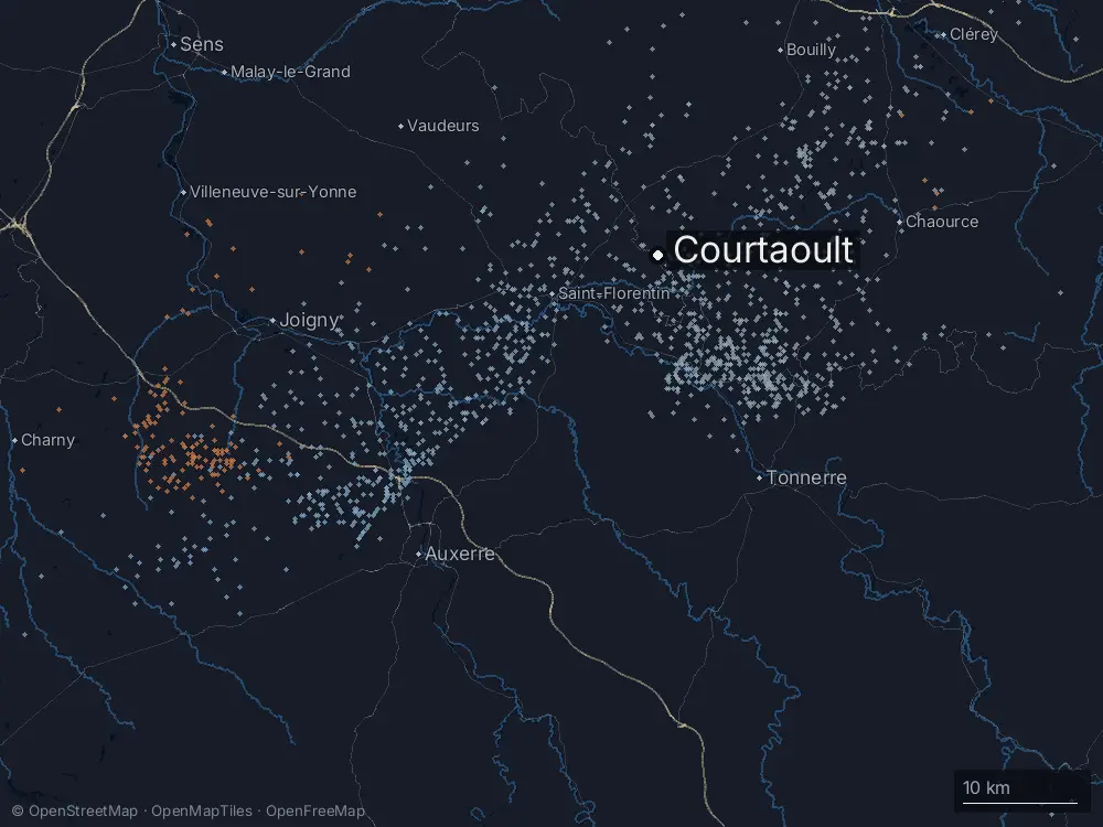 Karte der Blitze bei Courtaoult am Dienstag, 9. Juli 2024