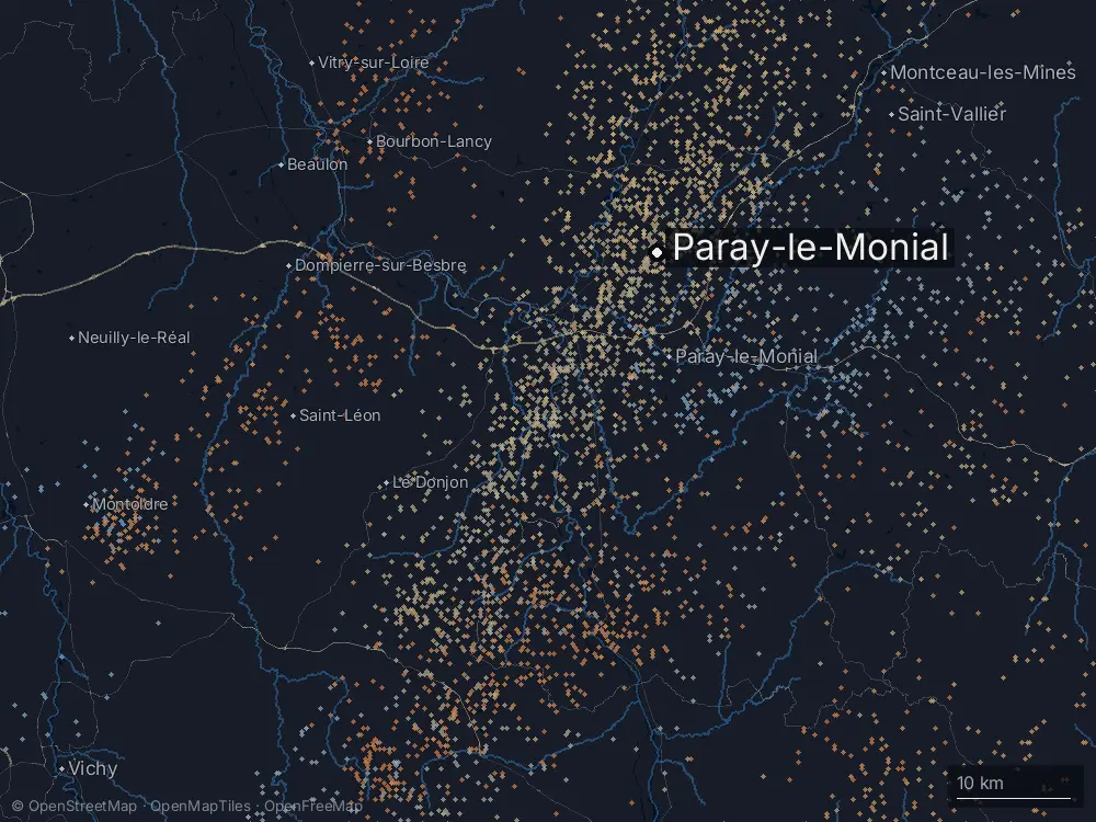 Karte der Blitze bei Paray-le-Monial am Dienstag, 9. Juli 2024