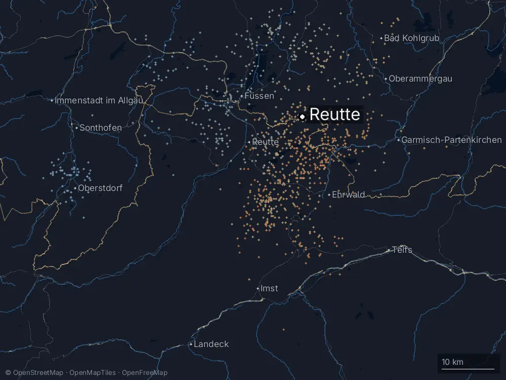 Karte der Blitze bei Reutte am Dienstag, 9. Juli 2024