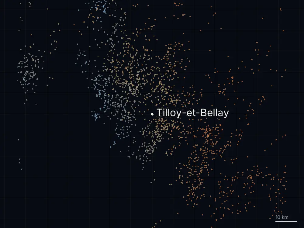 Karte der Blitze bei Tilloy-et-Bellay am Dienstag, 9. Juli 2024