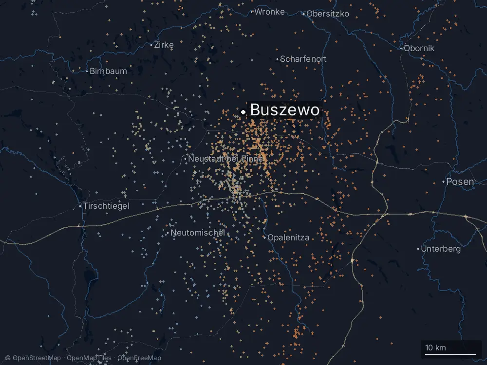 Karte der Blitze bei Buszewo am Mittwoch, 10. Juli 2024