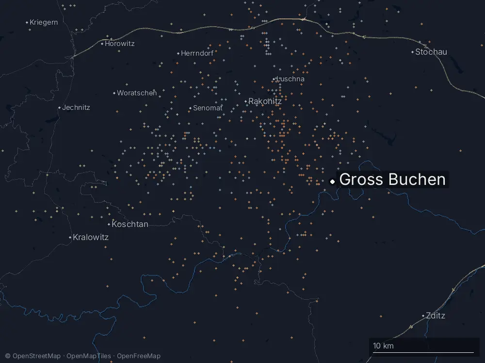 Karte der Blitze bei Gross Buchen am Mittwoch, 10. Juli 2024