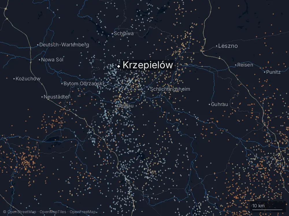 Karte der Blitze bei Krzepielów am Mittwoch, 10. Juli 2024