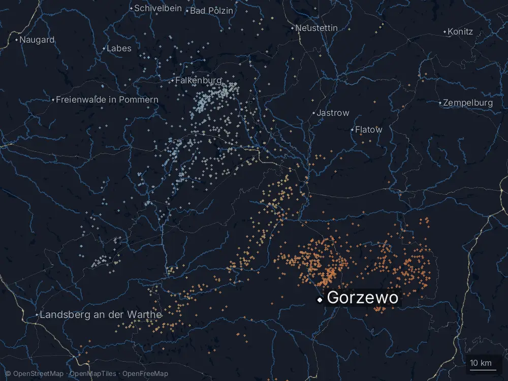 Karte der Blitze bei Gorzewo am Donnerstag, 11. Juli 2024
