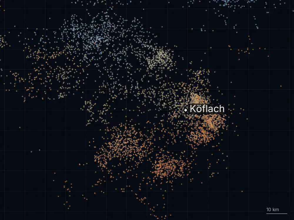 Karte der Blitze bei Köflach am Donnerstag, 11. Juli 2024