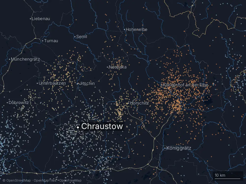 Karte der Blitze bei Chraustow am Freitag, 12. Juli 2024