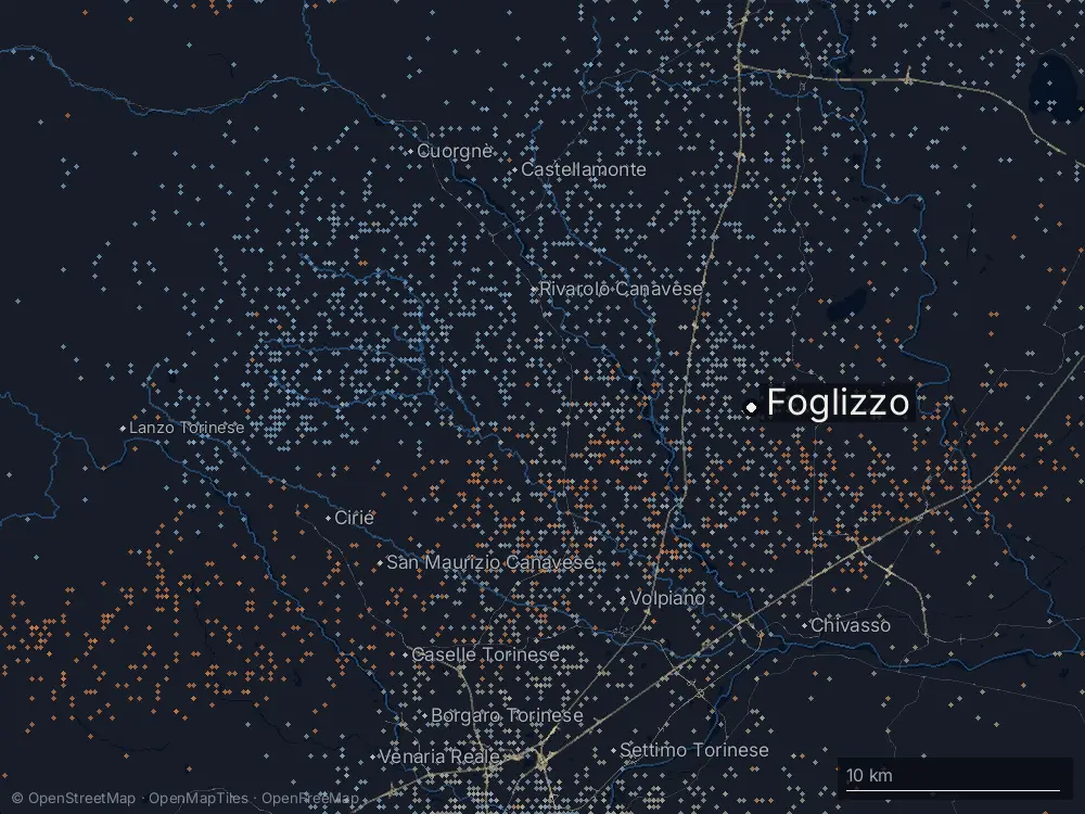 Karte der Blitze bei Foglizzo am Freitag, 12. Juli 2024