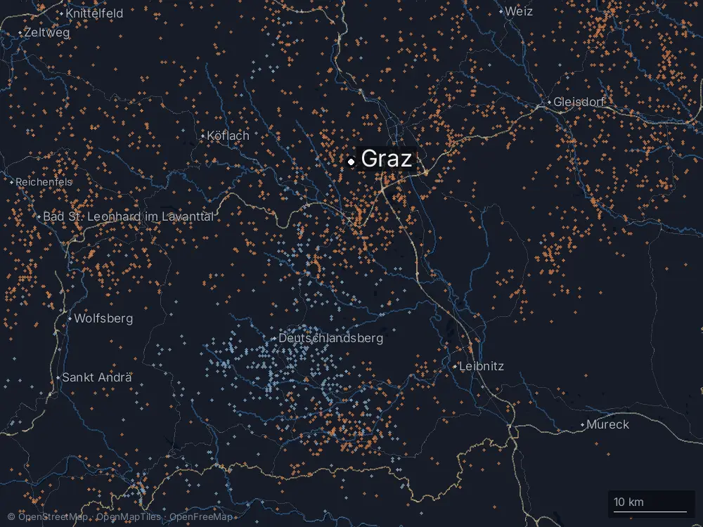 Karte der Blitze bei Graz am Freitag, 12. Juli 2024