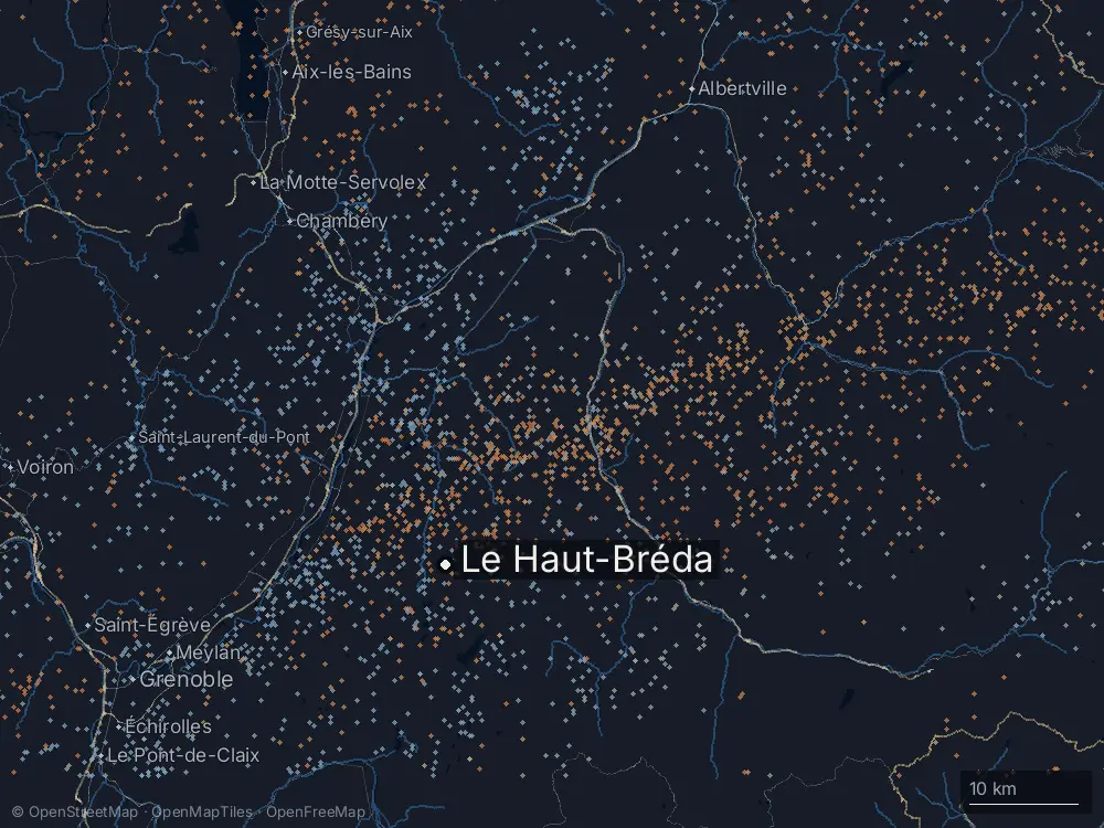 Karte der Blitze bei Le Haut-Bréda am Freitag, 12. Juli 2024