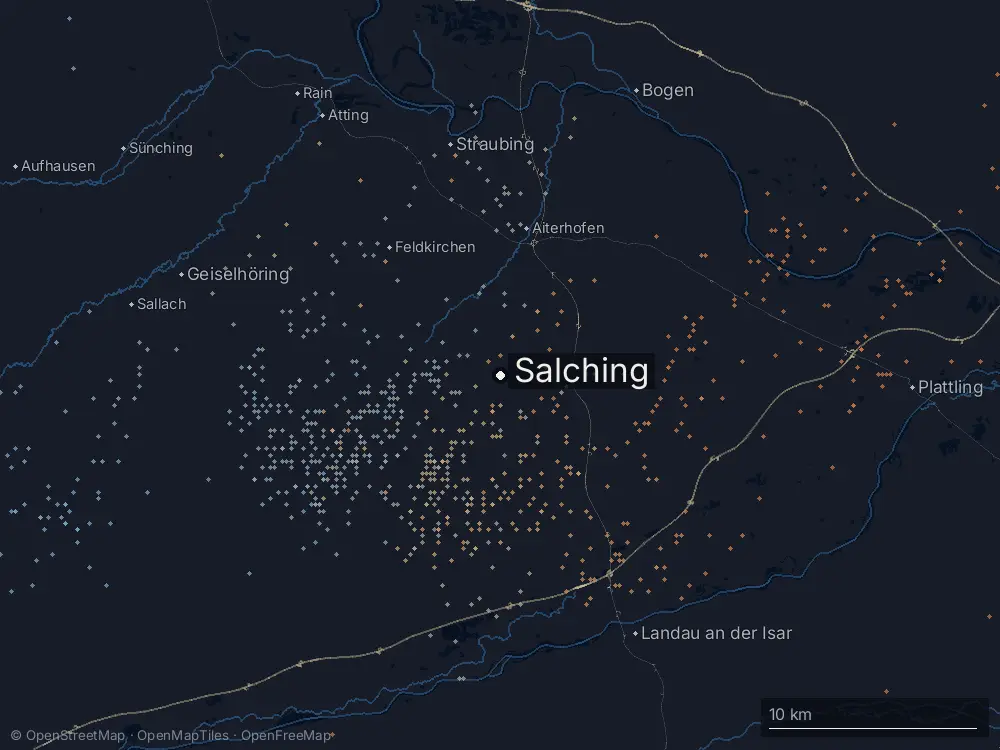 Karte der Blitze bei Salching am Freitag, 12. Juli 2024