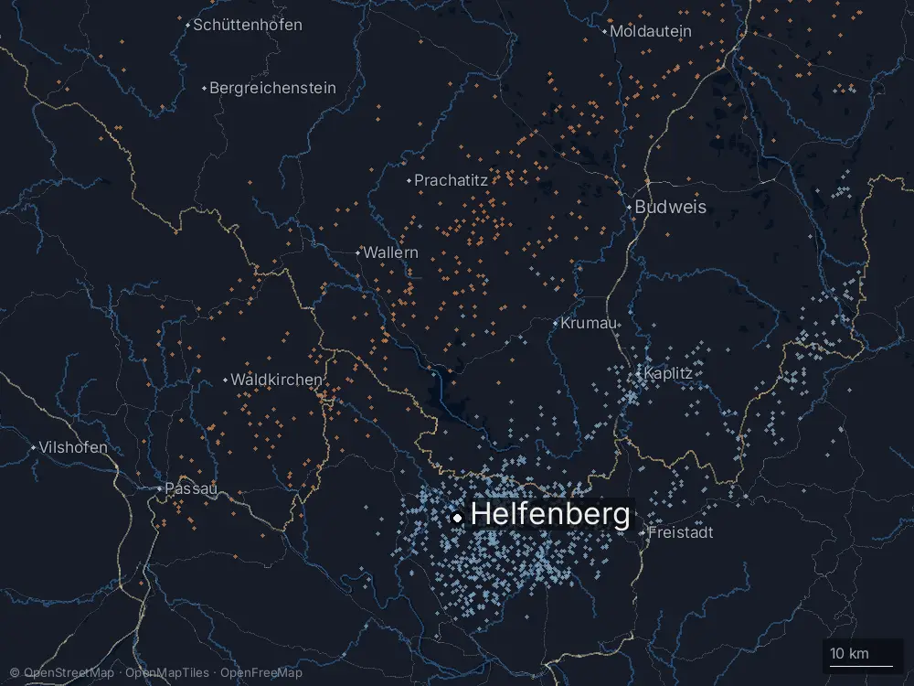 Karte der Blitze bei Helfenberg am Samstag, 13. Juli 2024