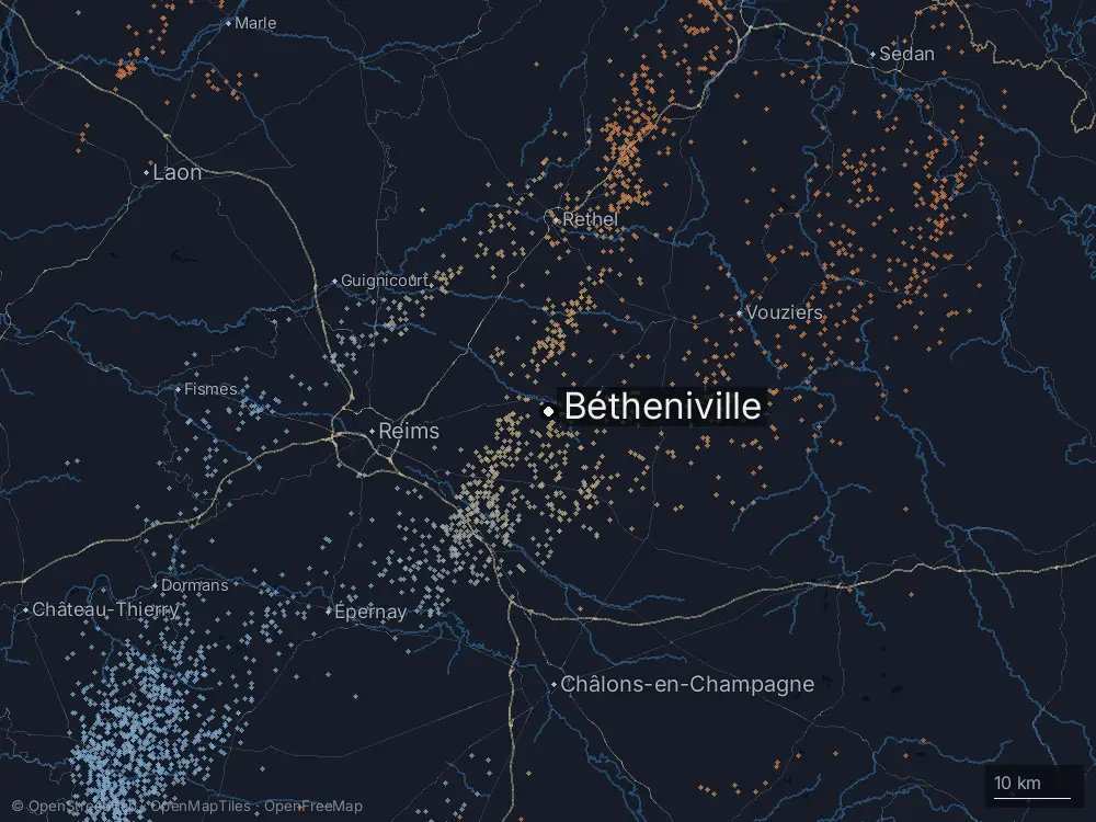 Karte der Blitze bei Bétheniville am Montag, 15. Juli 2024