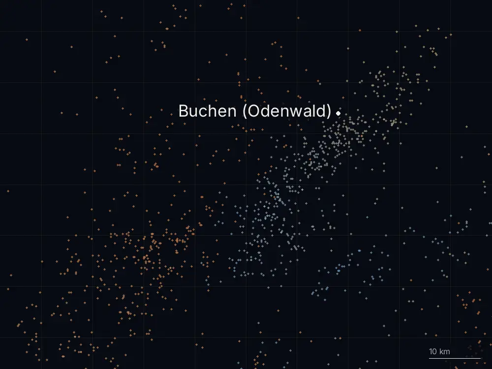 Karte der Blitze bei Buchen (Odenwald) am Montag, 15. Juli 2024