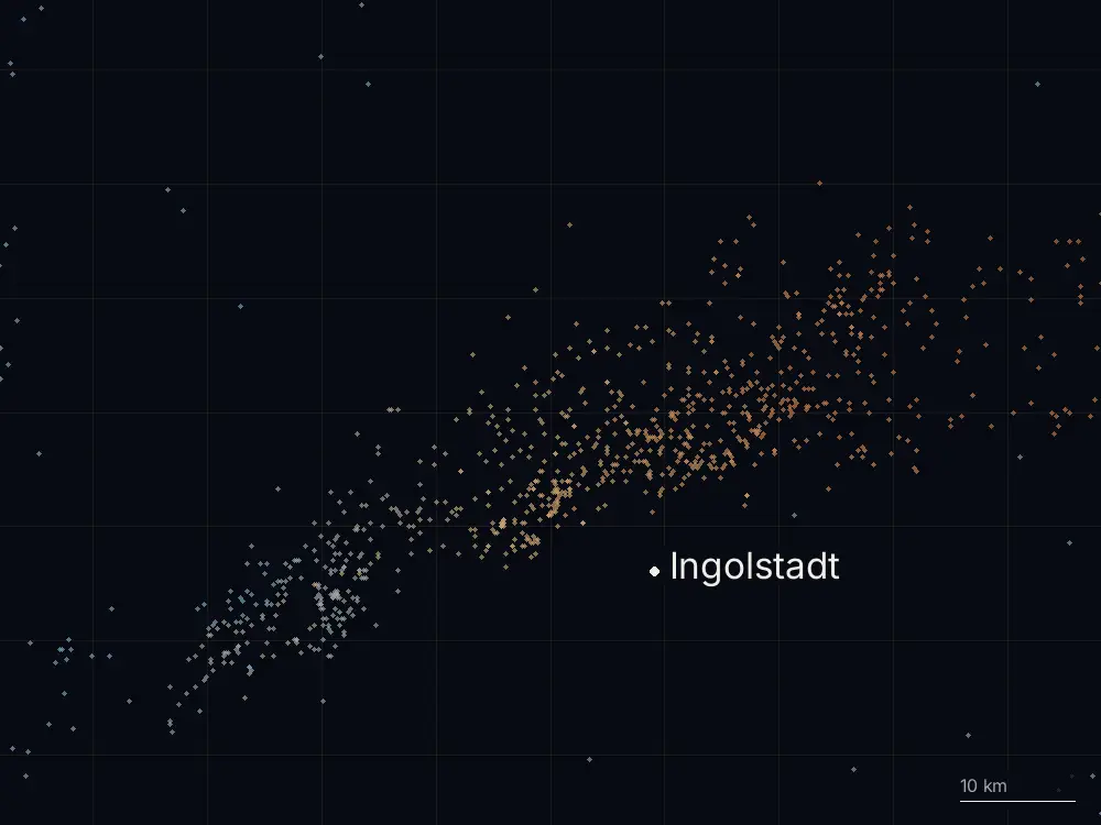 Karte der Blitze bei Ingolstadt am Dienstag, 16. Juli 2024