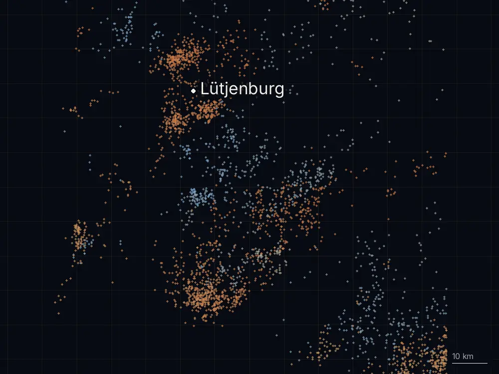 Karte der Blitze bei Lütjenburg am Dienstag, 16. Juli 2024