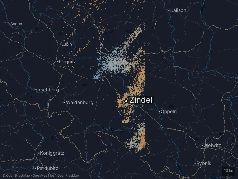 Karte der Blitze bei Zindel am Dienstag, 16. Juli 2024