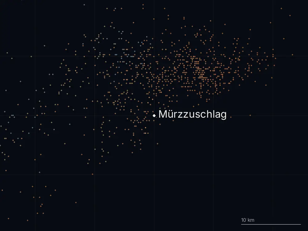 Karte der Blitze bei Mürzzuschlag am Mittwoch, 17. Juli 2024