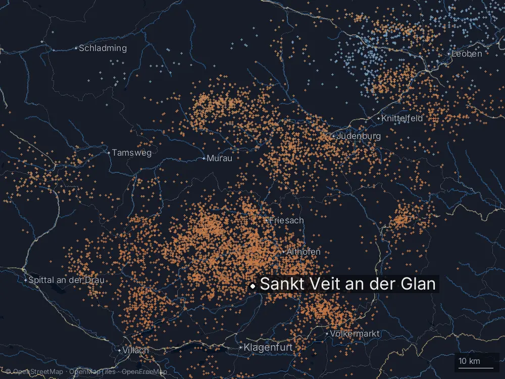 Karte der Blitze bei Sankt Veit an der Glan am Mittwoch, 17. Juli 2024