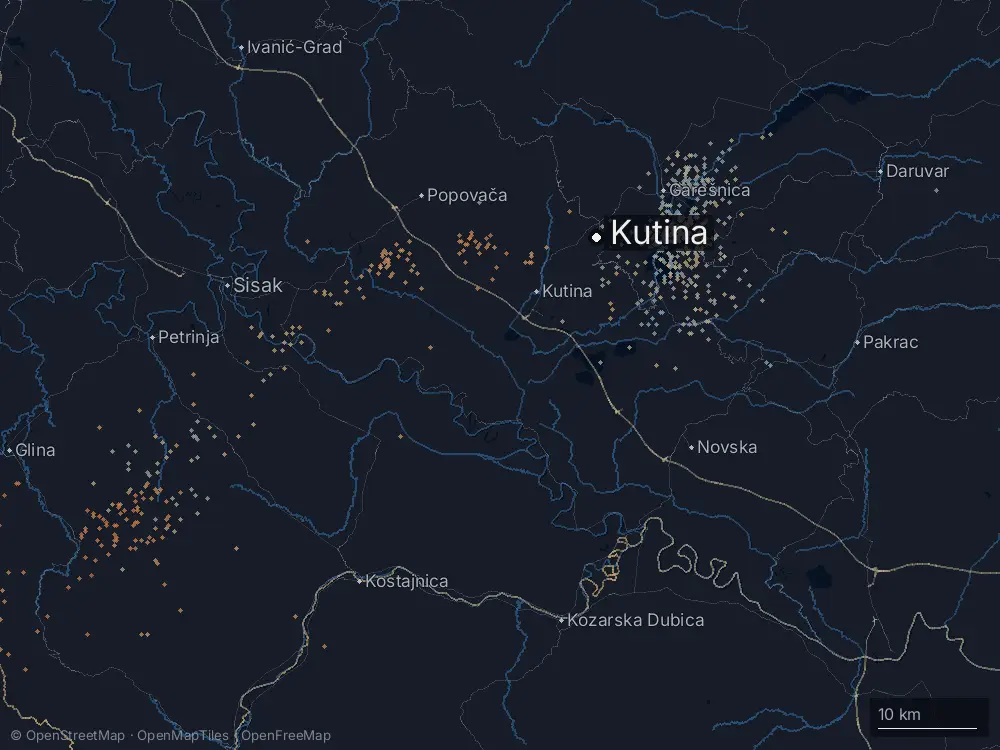 Karte der Blitze bei Kutina am Donnerstag, 18. Juli 2024