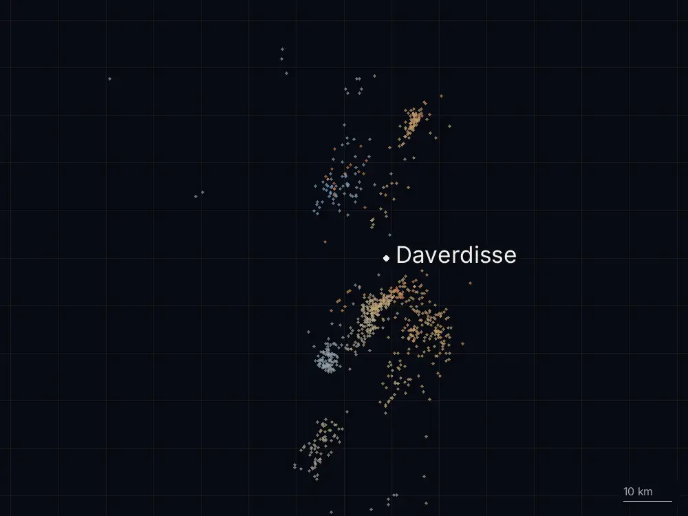 Karte der Blitze bei Daverdisse am Samstag, 20. Juli 2024