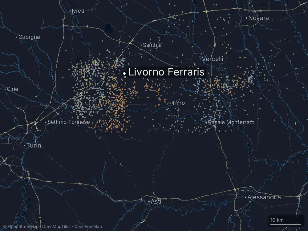 Karte der Blitze bei Livorno Ferraris am Samstag, 20. Juli 2024