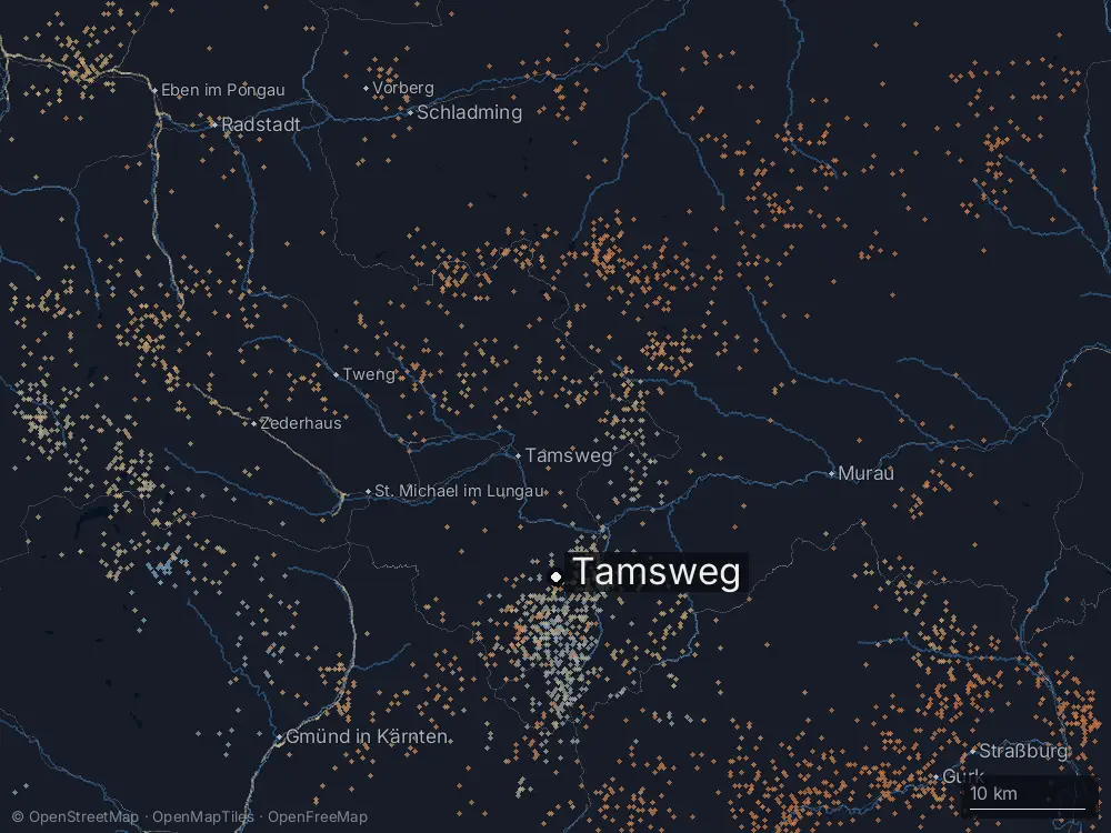 Karte der Blitze bei Tamsweg am Sonntag, 21. Juli 2024