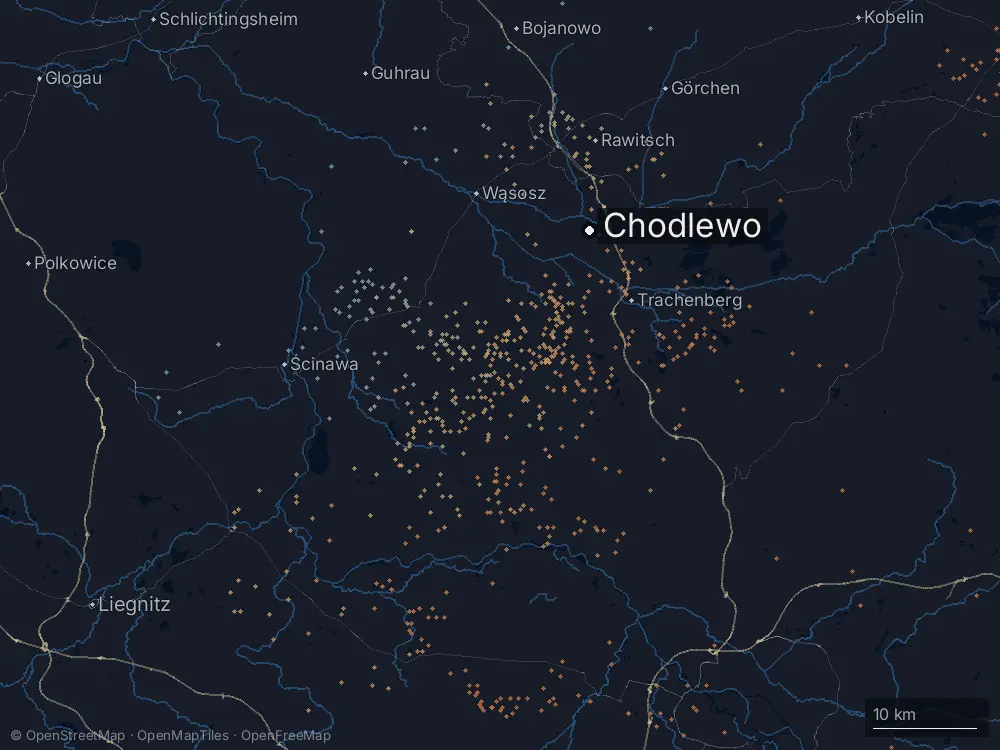 Karte der Blitze bei Chodlewo am Montag, 22. Juli 2024