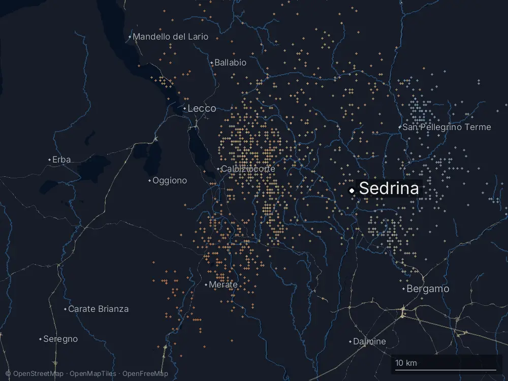 Karte der Blitze bei Sedrina am Montag, 22. Juli 2024