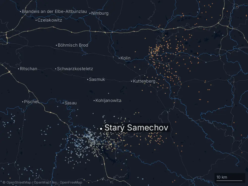Karte der Blitze bei Starý Samechov am Montag, 22. Juli 2024