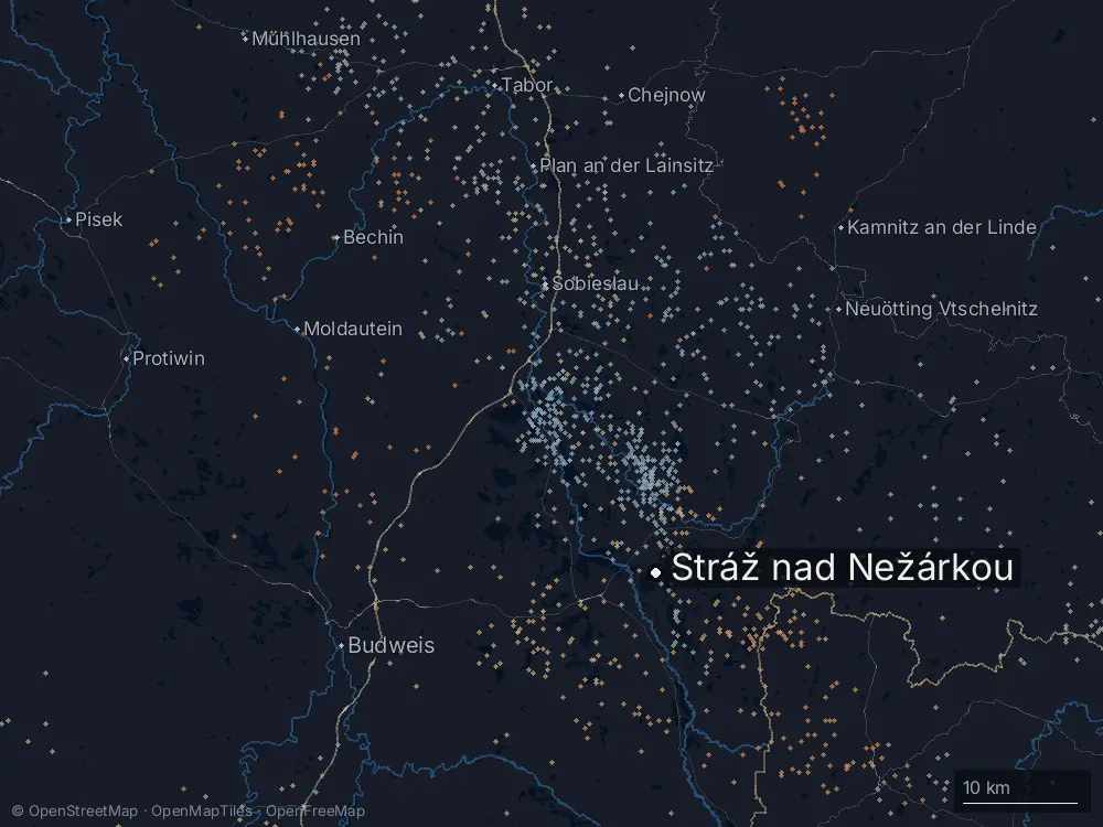 Karte der Blitze bei Stráž nad Nežárkou am Montag, 22. Juli 2024