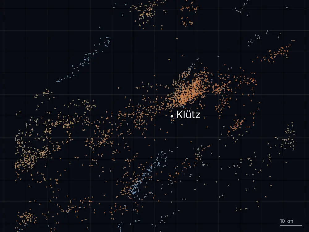 Karte der Blitze bei Klütz am Dienstag, 23. Juli 2024
