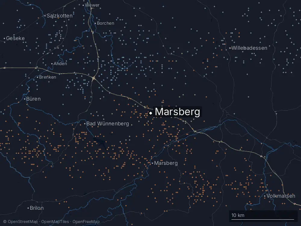 Karte der Blitze bei Marsberg am Dienstag, 23. Juli 2024