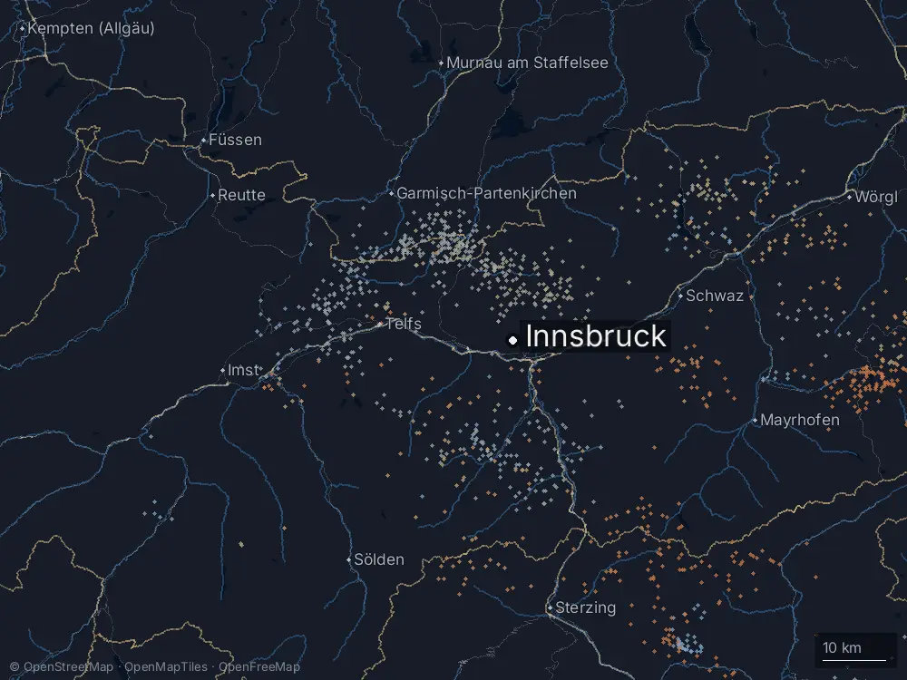 Karte der Blitze bei Innsbruck am Samstag, 27. Juli 2024