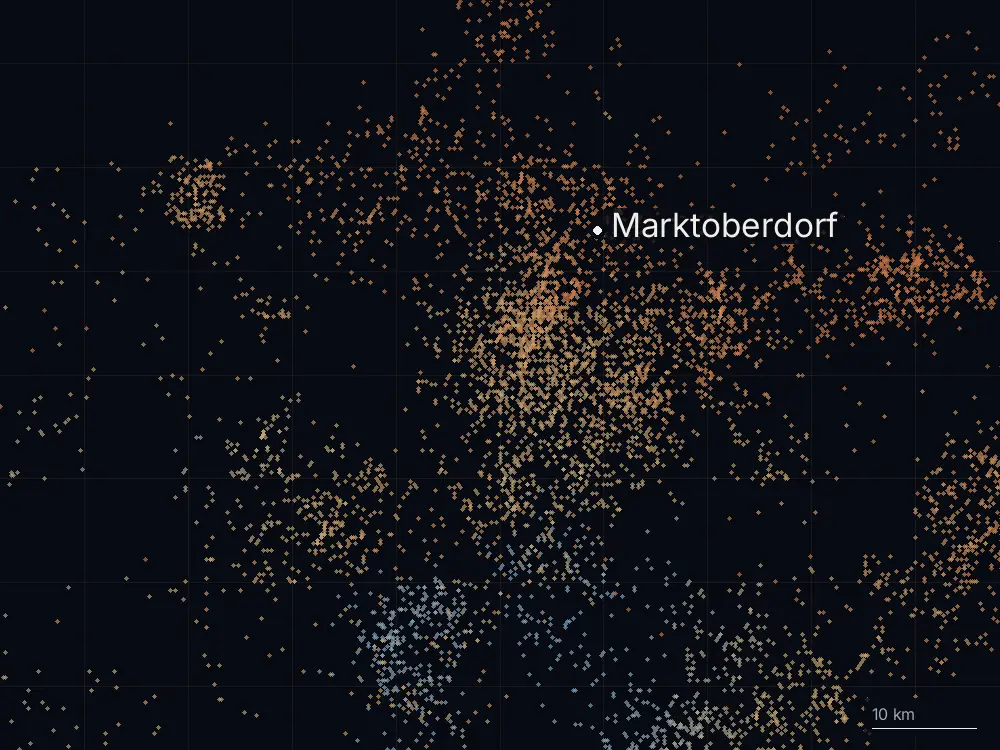 Karte der Blitze bei Marktoberdorf am Mittwoch, 31. Juli 2024