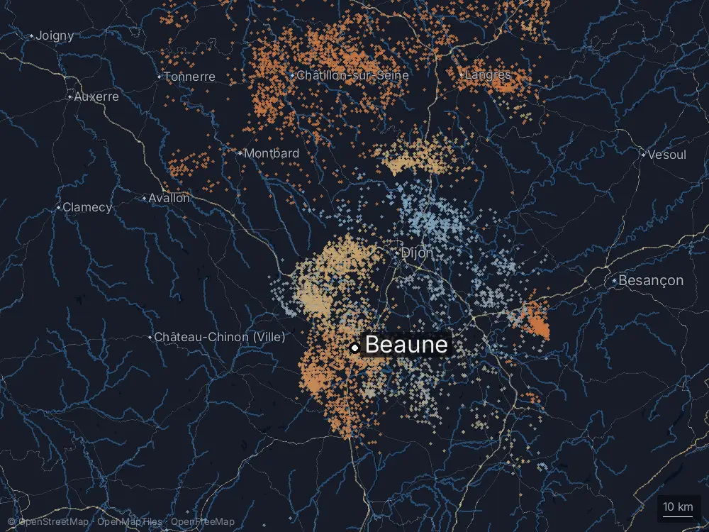 Karte der Blitze bei Beaune am Donnerstag, 1. August 2024