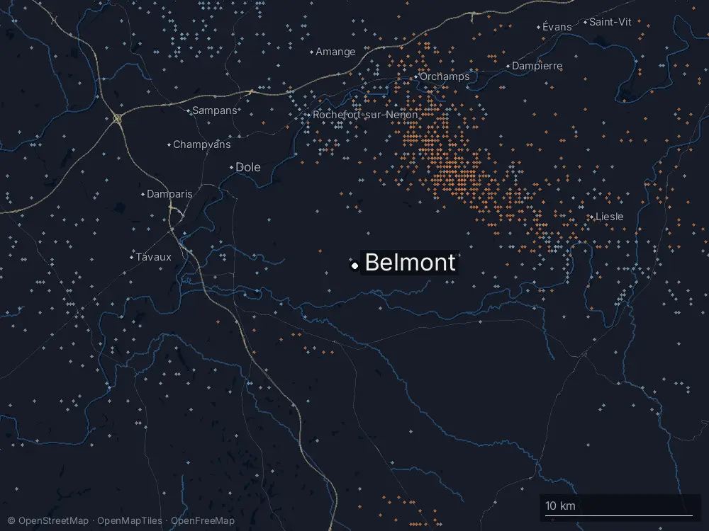 Karte der Blitze bei Belmont am Donnerstag, 1. August 2024