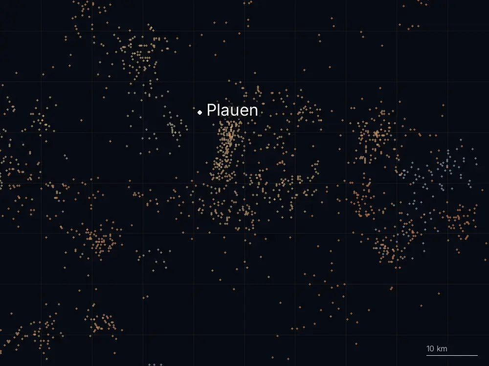 Karte der Blitze bei Plauen am Donnerstag, 1. August 2024