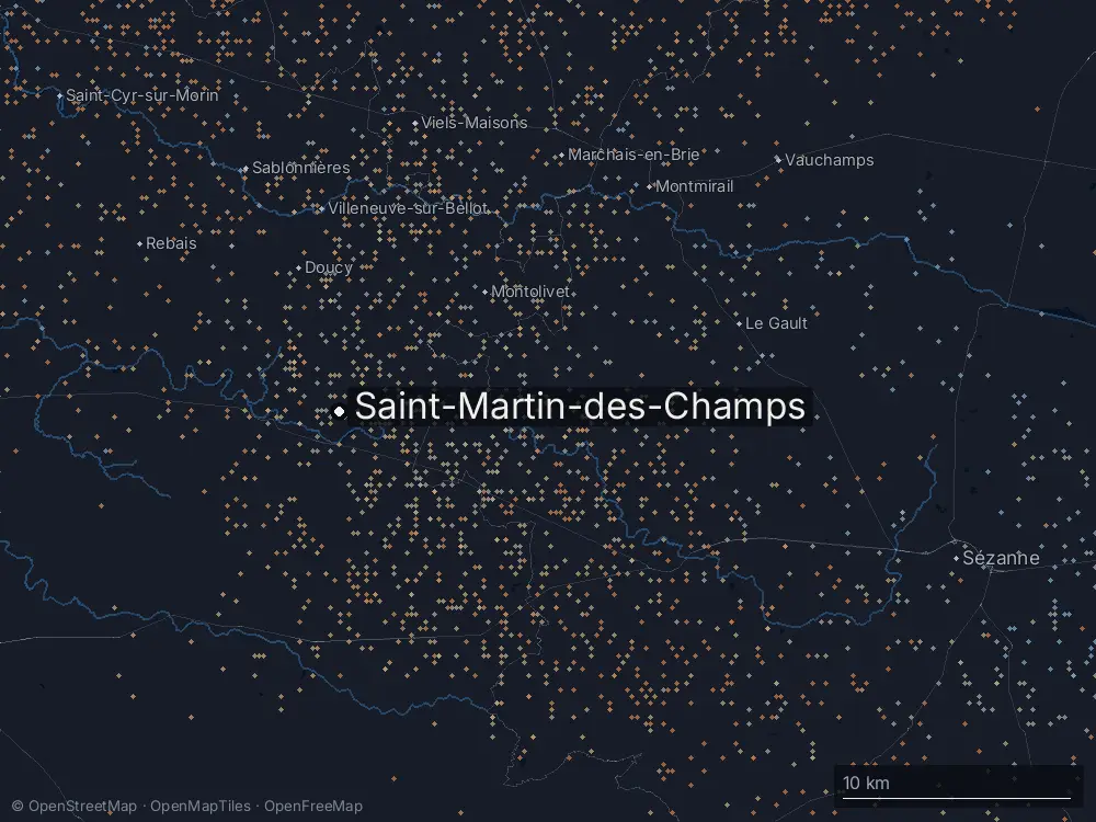 Karte der Blitze bei Saint-Martin-des-Champs am Donnerstag, 1. August 2024