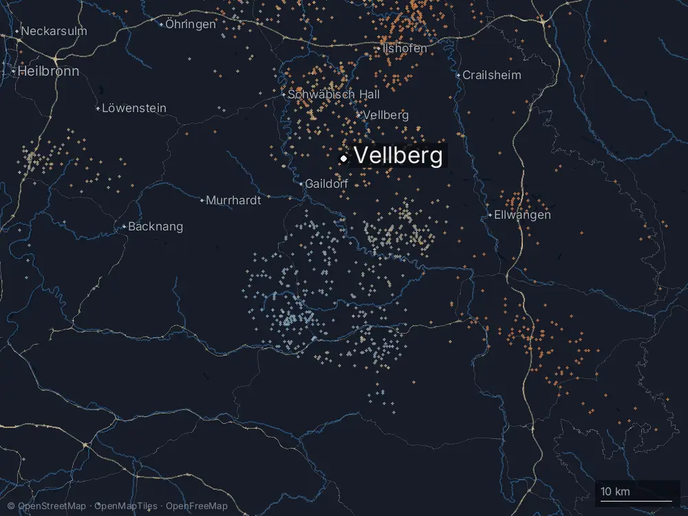 Karte der Blitze bei Vellberg am Donnerstag, 1. August 2024