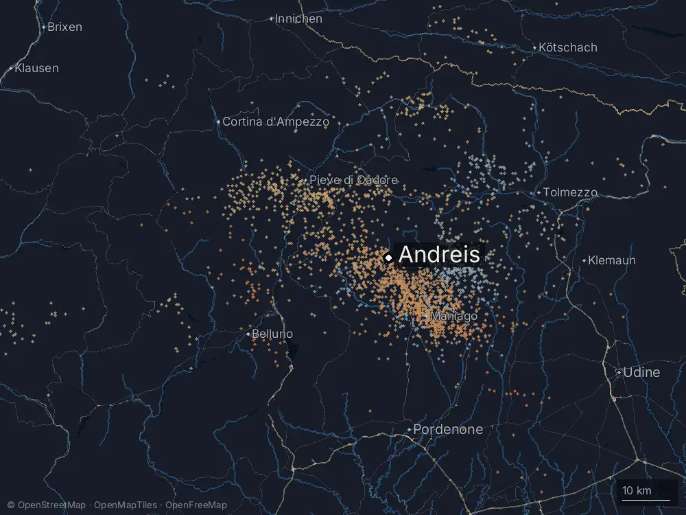 Karte der Blitze bei Andreis am Freitag, 2. August 2024