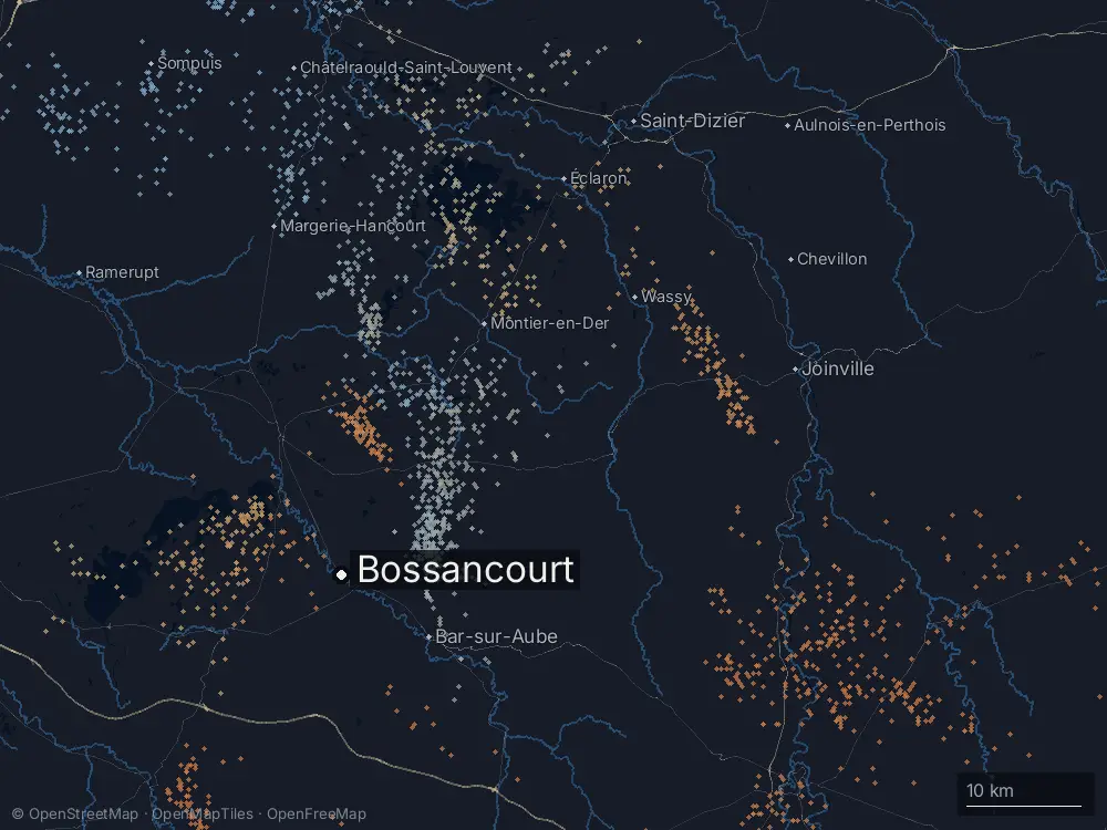 Karte der Blitze bei Bossancourt am Freitag, 2. August 2024