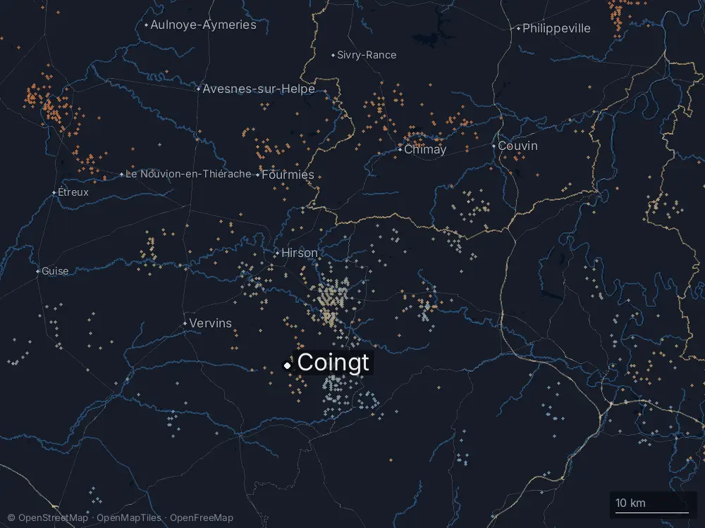 Karte der Blitze bei Coingt am Freitag, 2. August 2024