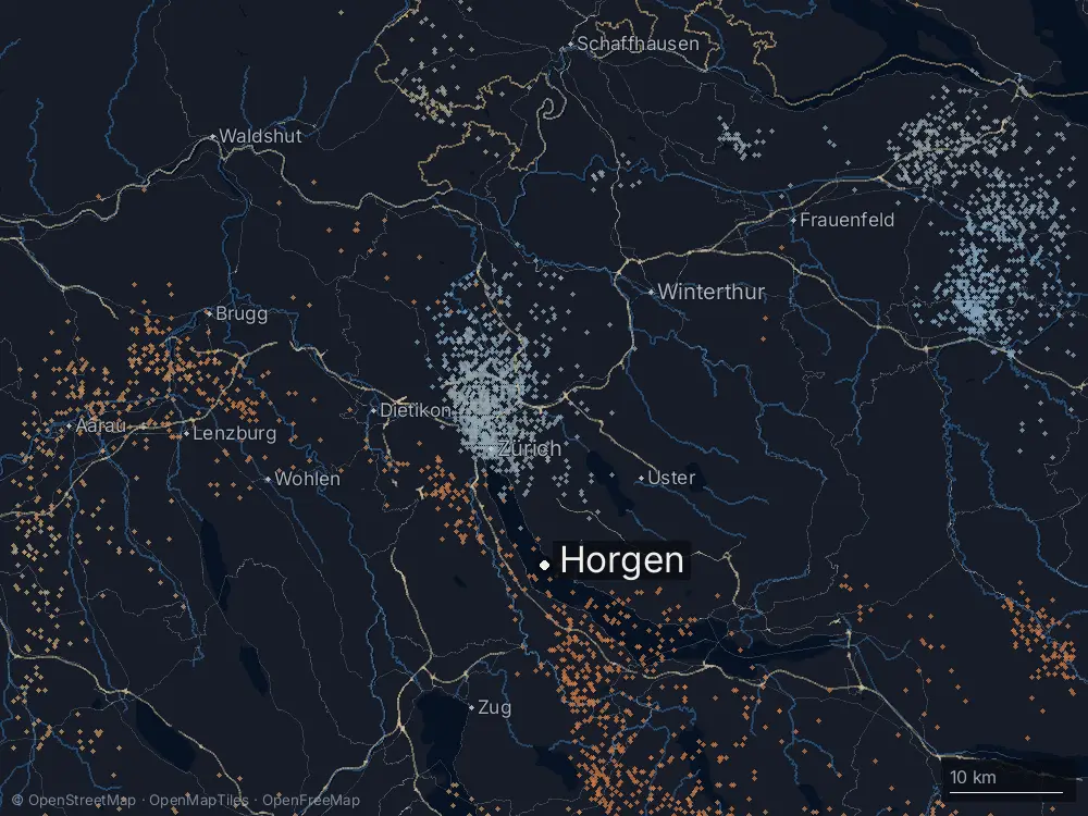 Karte der Blitze bei Horgen am Freitag, 2. August 2024