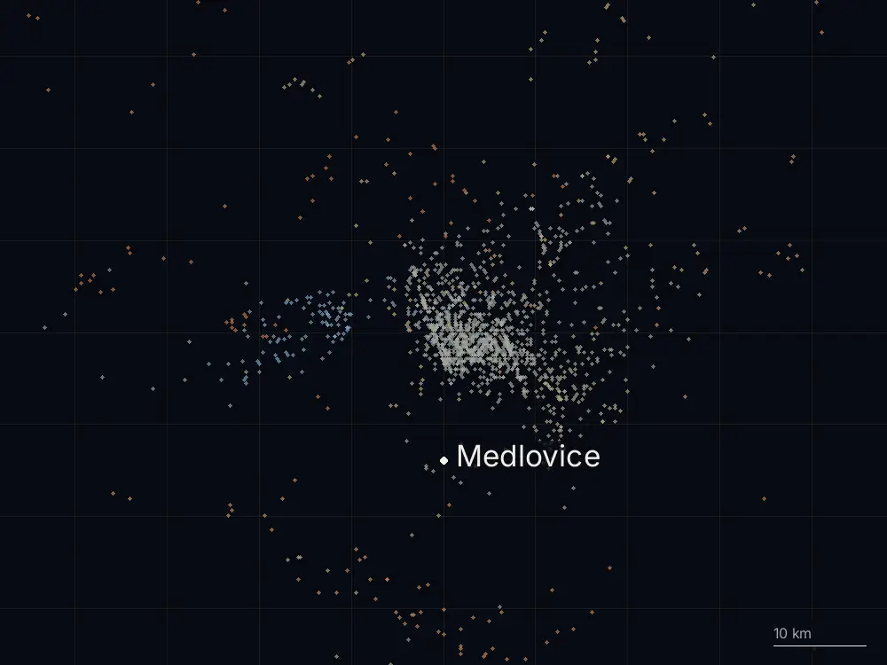 Karte der Blitze bei Medlovice am Freitag, 2. August 2024