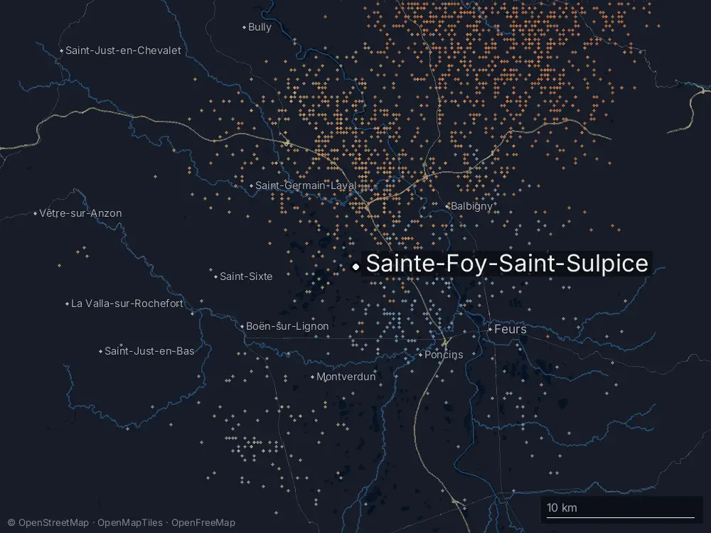 Karte der Blitze bei Sainte-Foy-Saint-Sulpice am Freitag, 2. August 2024