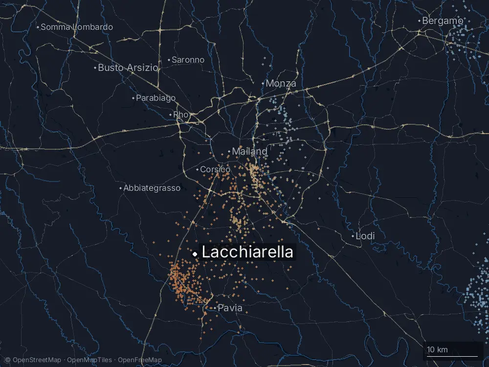 Karte der Blitze bei Lacchiarella am Samstag, 3. August 2024