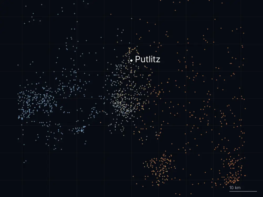 Karte der Blitze bei Putlitz am Mittwoch, 7. August 2024