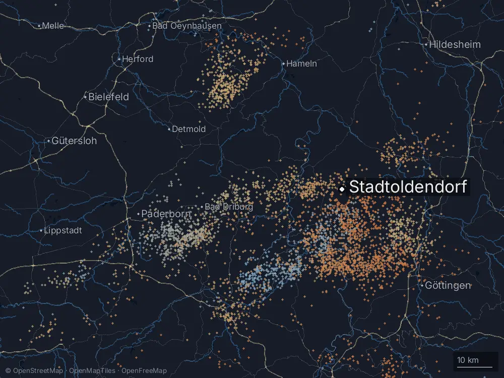 Karte der Blitze bei Stadtoldendorf am Mittwoch, 7. August 2024