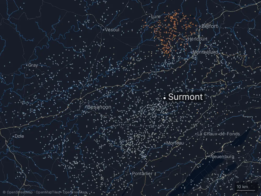 Karte der Blitze bei Surmont am Mittwoch, 7. August 2024