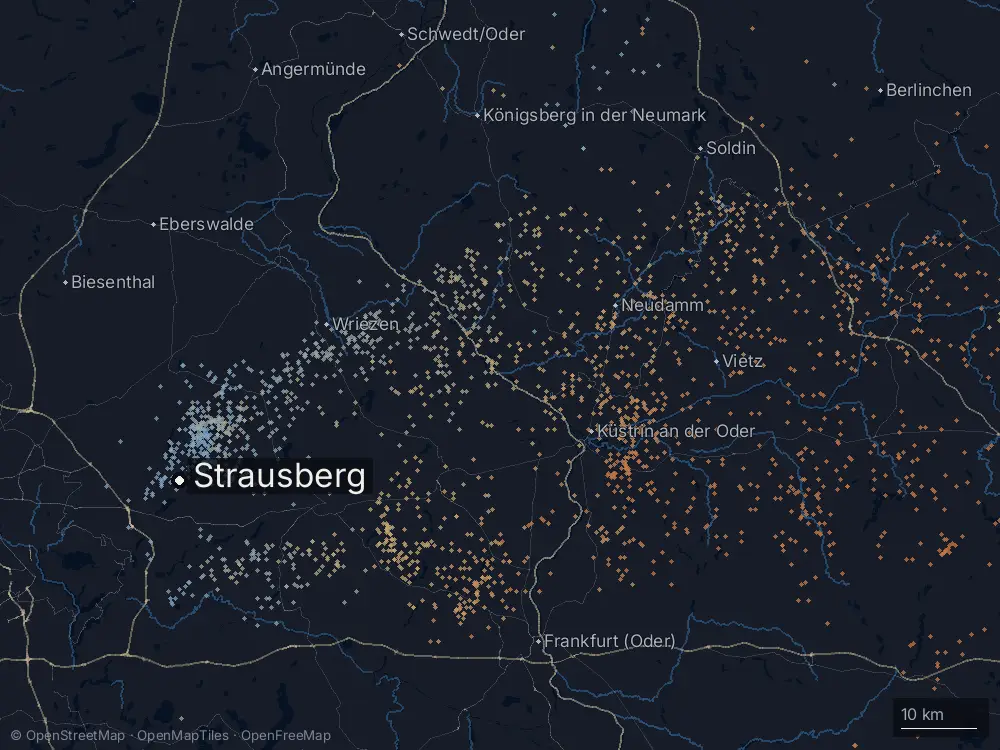 Karte der Blitze bei Strausberg am Donnerstag, 8. August 2024